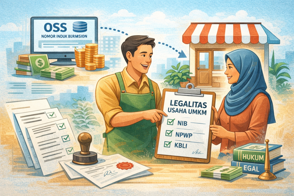 Ilustrasi pelaku UMKM mengurus legalitas usaha melalui sistem OSS secara online