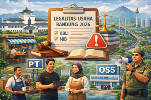 Ilustrasi kota Bandung dengan aktivitas UMKM, gedung perkantoran, dan simbol legalitas usaha 2026