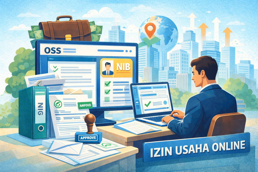 Ilustrasi pelaku usaha mengurus izin usaha online melalui sistem OSS untuk legalitas bisnis digital