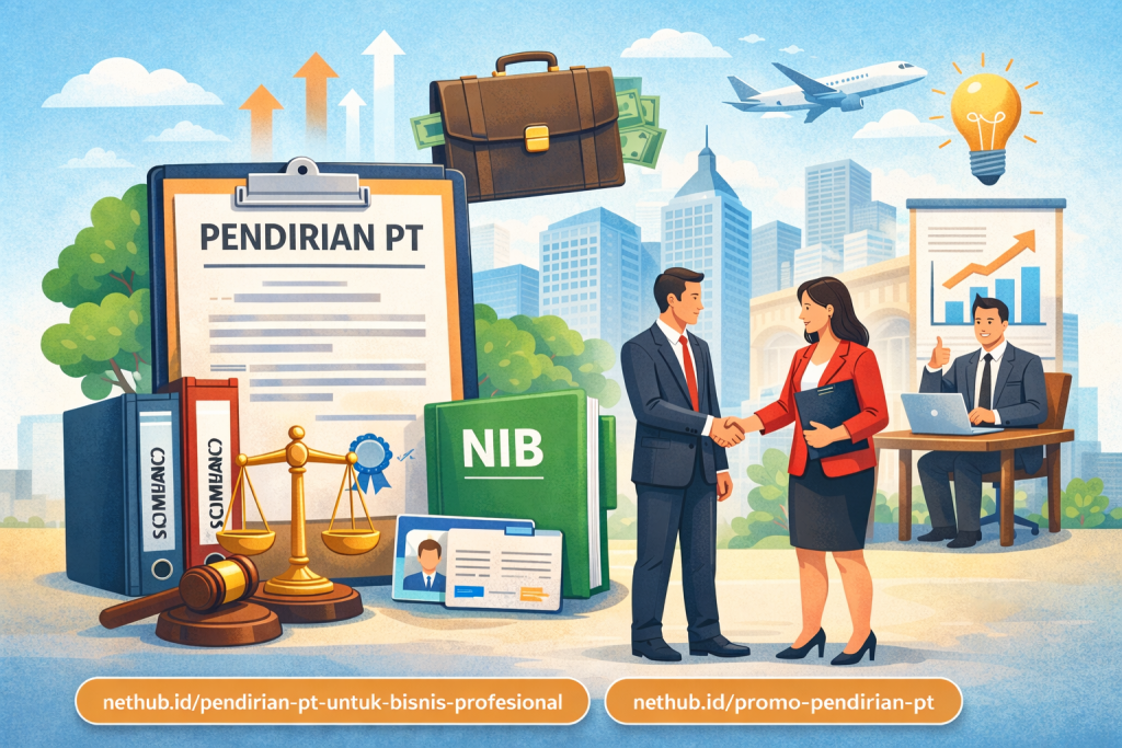 Ilustrasi pendirian PT untuk bisnis dengan dokumen legal, NIB, dan proses kerja sama profesional