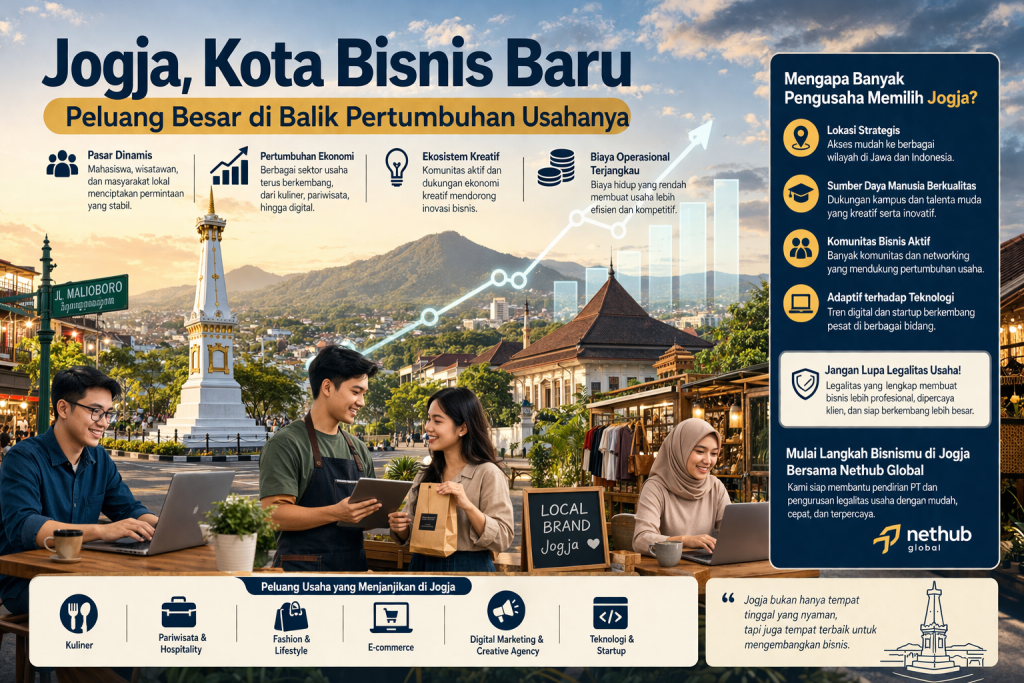 Ilustrasi perkembangan bisnis di Jogja dengan pelaku usaha dan aktivitas ekonomi kreatif