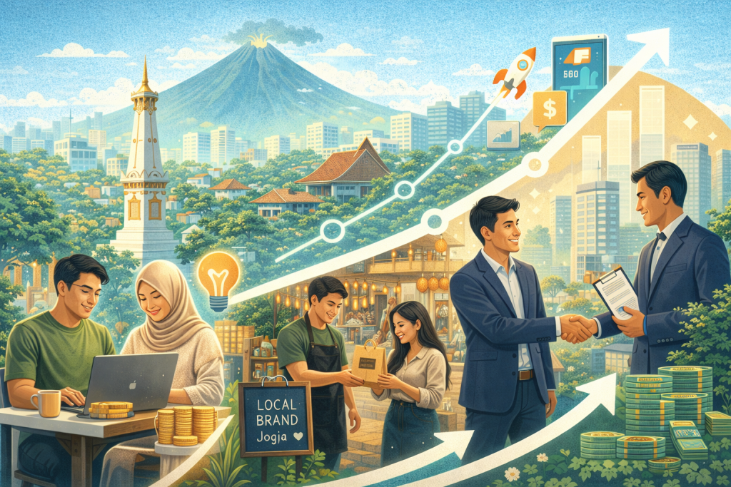 Ilustrasi pertumbuhan bisnis di Jogja dari usaha kecil hingga berkembang dengan dukungan teknologi digital
