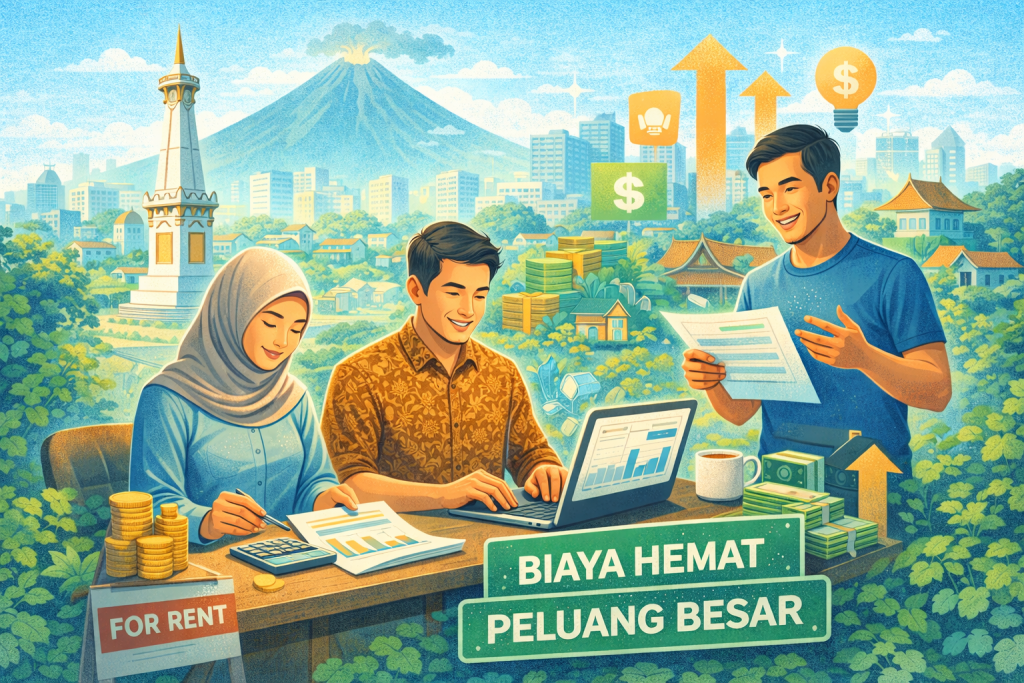 Ilustrasi pelaku usaha menjalankan bisnis di Jogja dengan biaya operasional rendah dan peluang usaha yang berkembang
